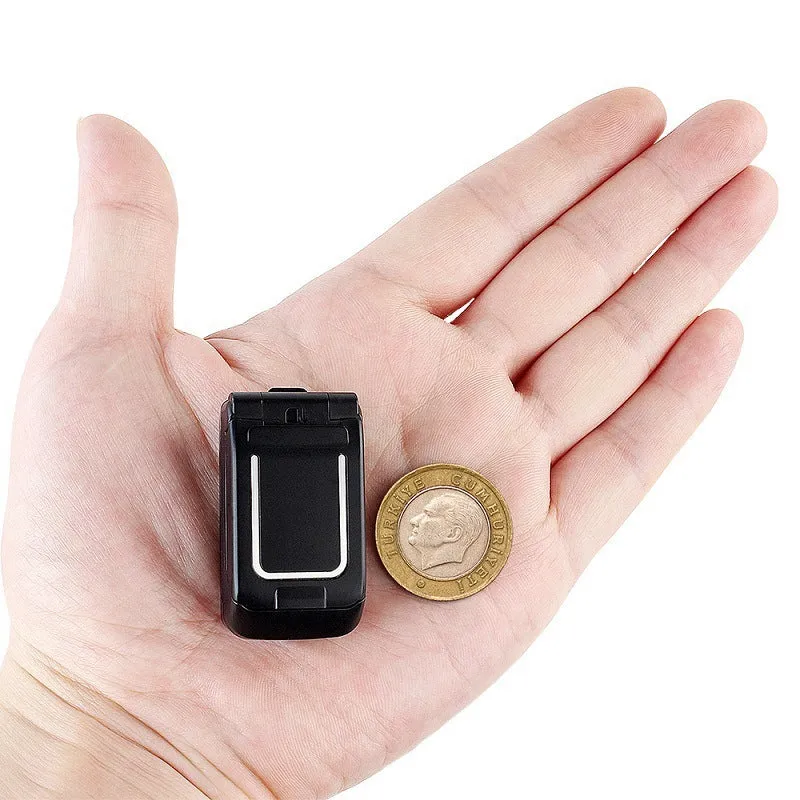 Mini flip mobile phone in a choice of six colours: white, yellow, black, gold, blue, and rose red.