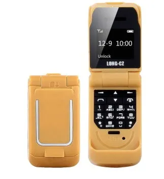 Mini flip mobile phone in a choice of six colours: white, yellow, black, gold, blue, and rose red.