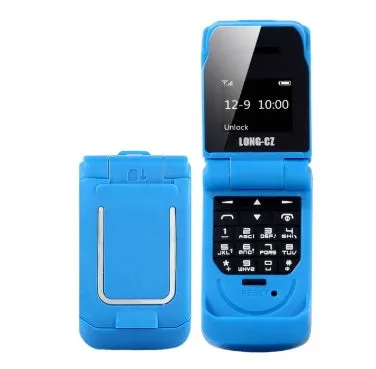Mini flip mobile phone in a choice of six colours: white, yellow, black, gold, blue, and rose red.
