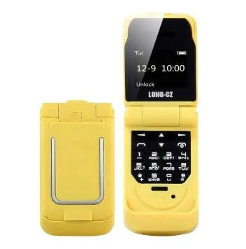 Mini flip mobile phone in a choice of six colours: white, yellow, black, gold, blue, and rose red.