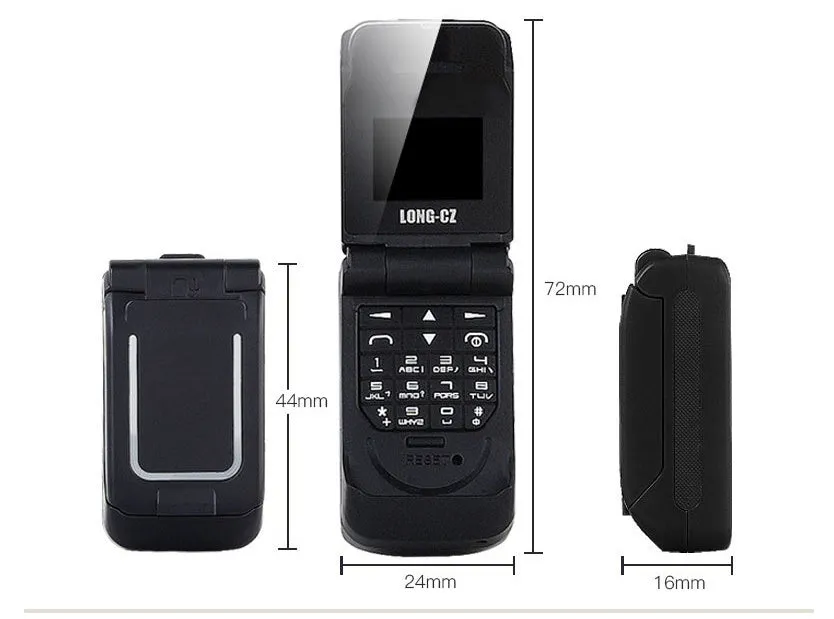 Mini flip mobile phone in a choice of six colours: white, yellow, black, gold, blue, and rose red.