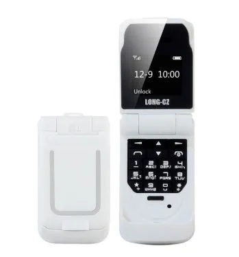 Mini flip mobile phone in a choice of six colours: white, yellow, black, gold, blue, and rose red.