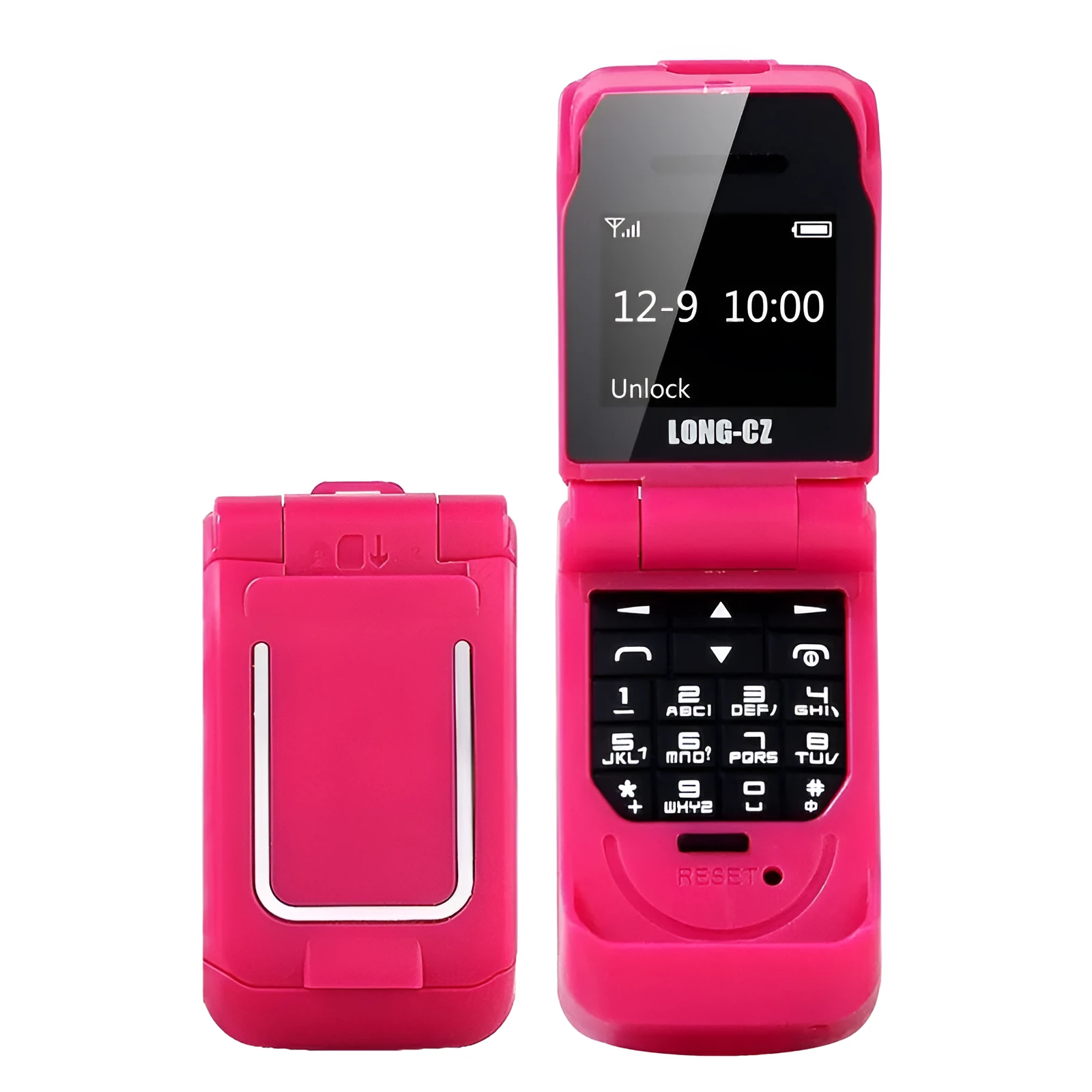 Mini flip mobile phone in a choice of six colours: white, yellow, black, gold, blue, and rose red.