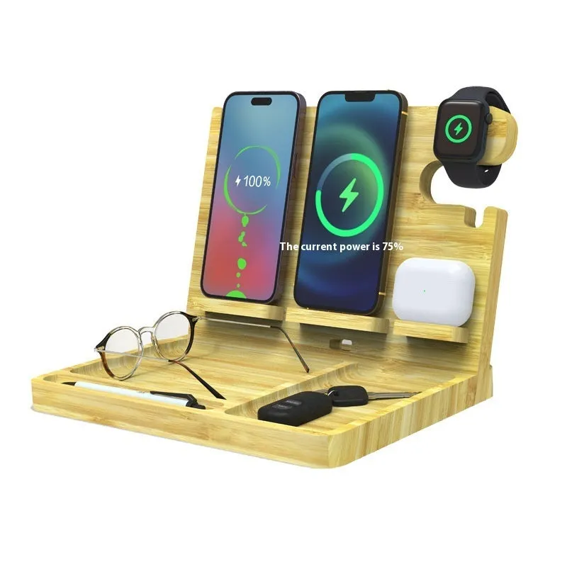 Multifunctional bamboo wireless charger bracket in wheat colour with 2A output