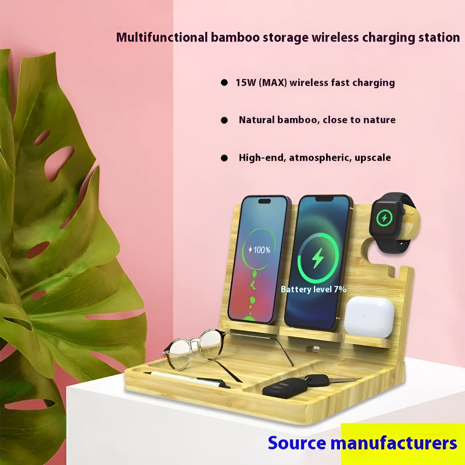 Multifunctional bamboo wireless charger bracket in wheat colour with 2A output