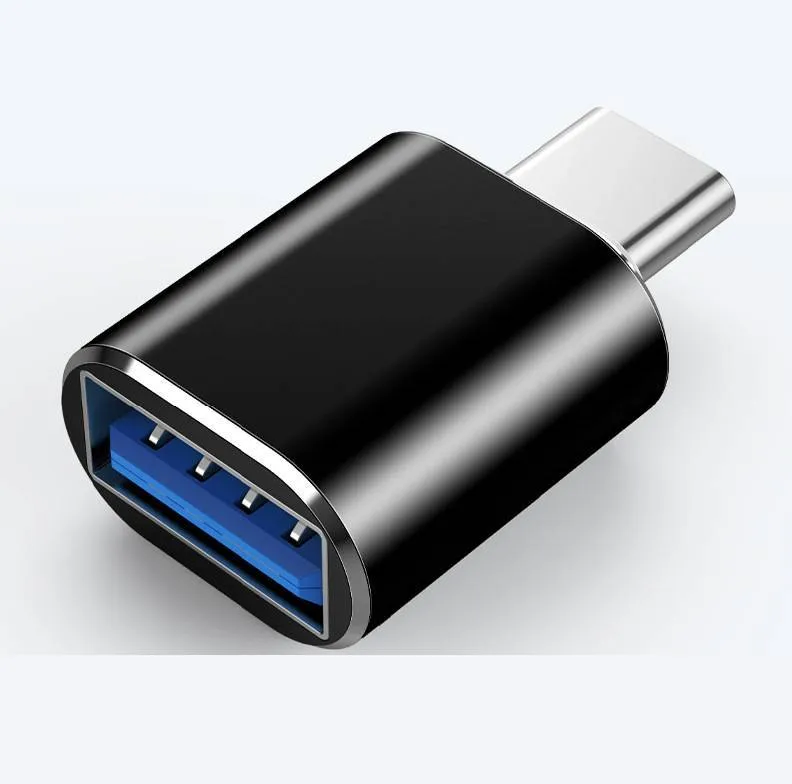 USB Type-C to USB-A OTG adapter shown in black, silver, and gold colour options.
