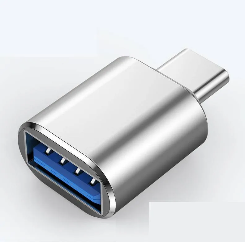 USB Type-C to USB-A OTG adapter shown in black, silver, and gold colour options.