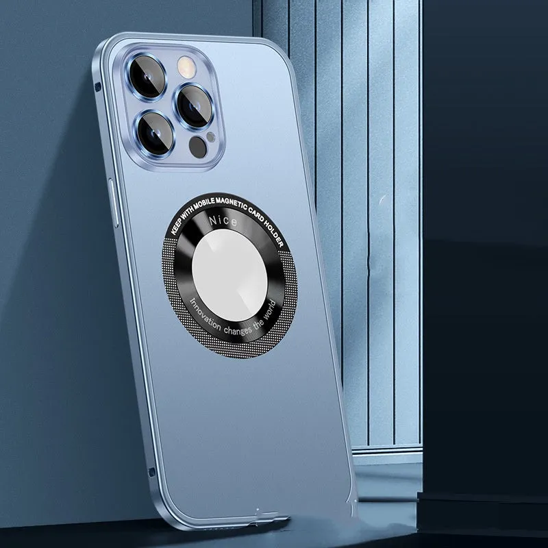 Metal frame magnetic phone case for iPhone 12-15 series in black with spring fastener and side buttons visible