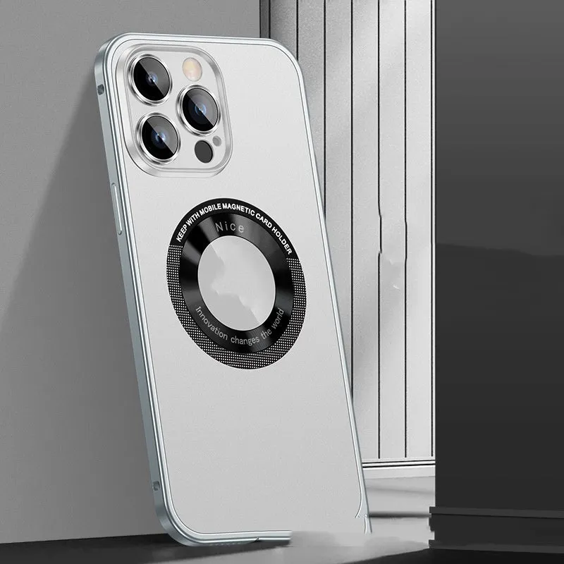 Metal frame magnetic phone case for iPhone 12-15 series in black with spring fastener and side buttons visible
