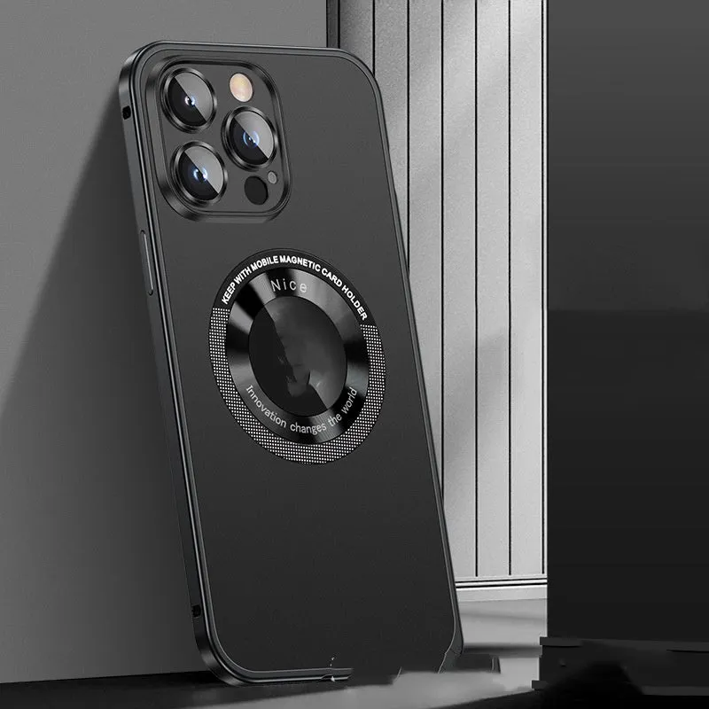 Metal frame magnetic phone case for iPhone 12-15 series in black with spring fastener and side buttons visible