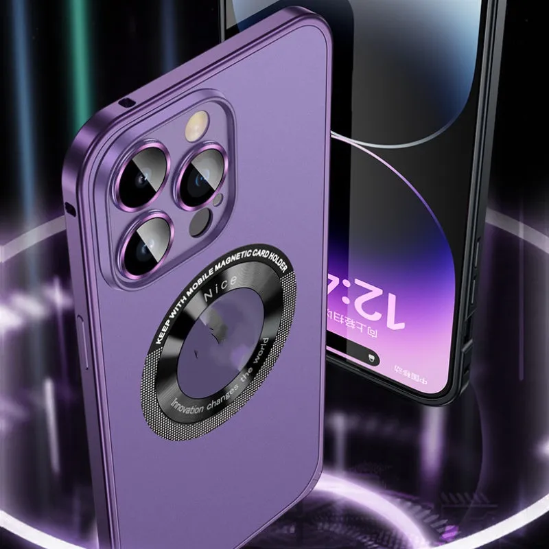 Metal frame magnetic phone case for iPhone 12-15 series in black with spring fastener and side buttons visible