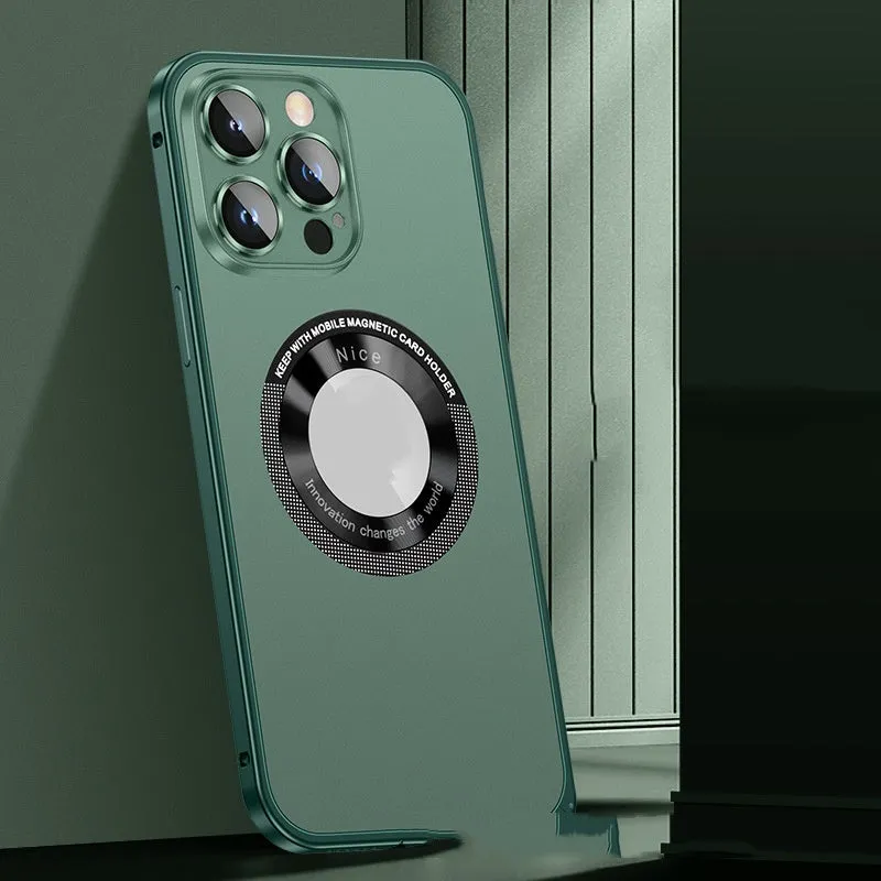 Metal frame magnetic phone case for iPhone 12-15 series in black with spring fastener and side buttons visible