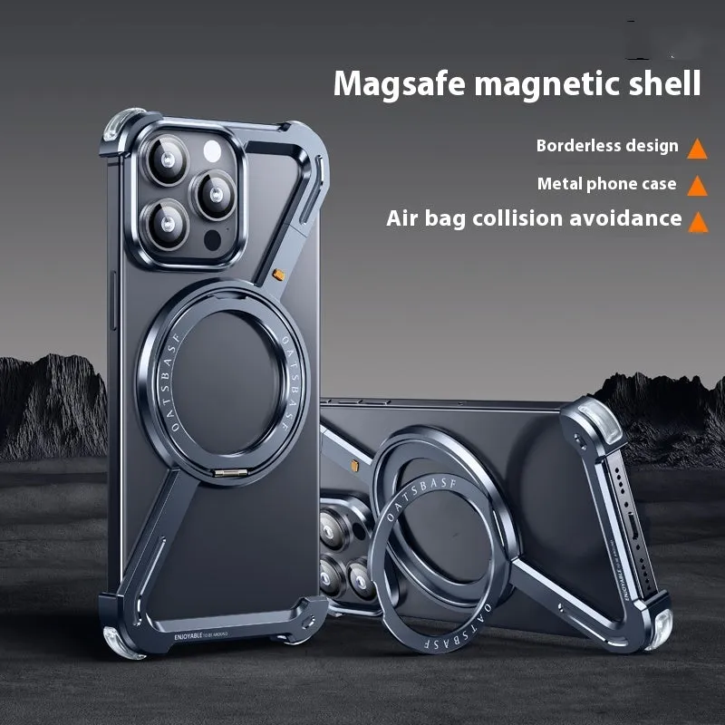 Seamless aluminium alloy phone case with hollow back and magnetic bracket for iPhone 15 Pro Max