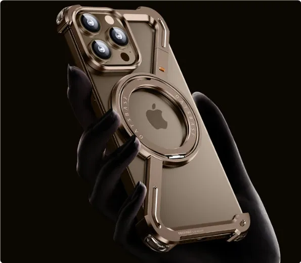 Seamless aluminium alloy phone case with hollow back and magnetic bracket for iPhone 15 Pro Max