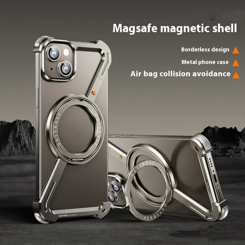 Seamless aluminium alloy phone case with hollow back and magnetic bracket for iPhone 15 Pro Max