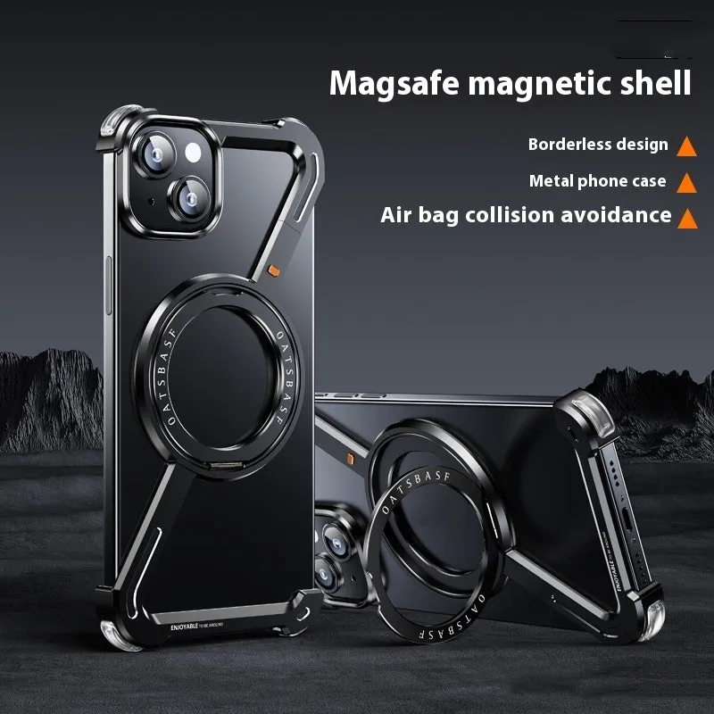 Seamless aluminium alloy phone case with hollow back and magnetic bracket for iPhone 15 Pro Max