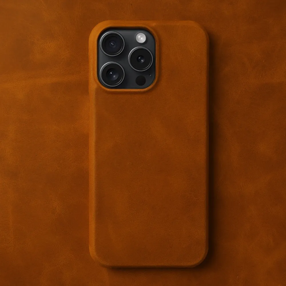 Genuine leather Crazy Horse pattern phone case for iPhone showing textured brown finish and precise camera cutout