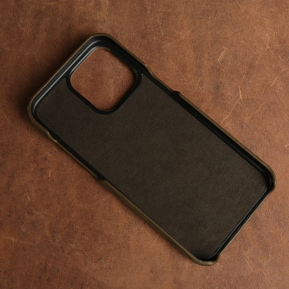 Genuine leather Crazy Horse pattern phone case for iPhone showing textured brown finish and precise camera cutout