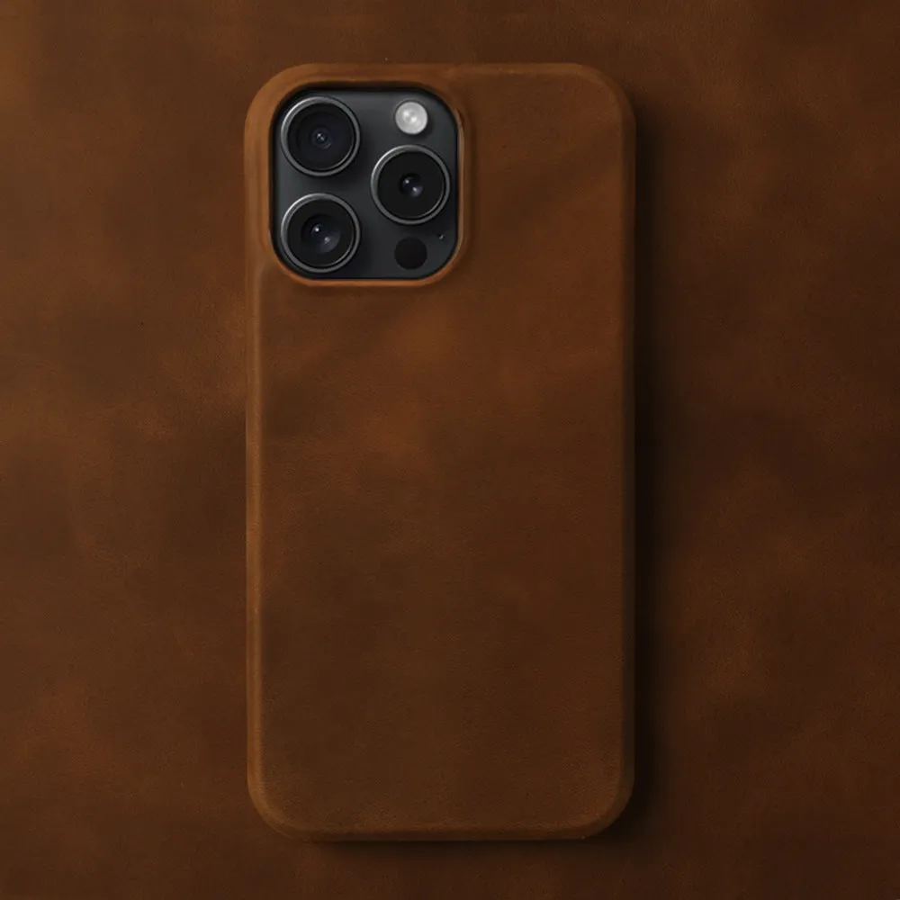 Genuine leather Crazy Horse pattern phone case for iPhone showing textured brown finish and precise camera cutout
