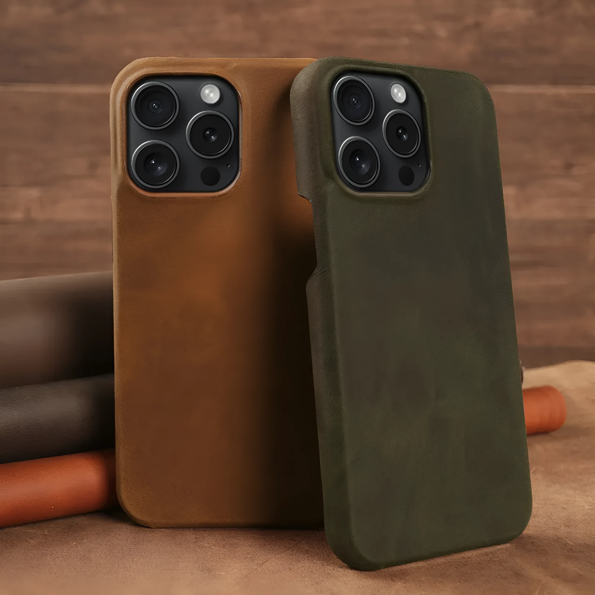 Genuine leather Crazy Horse pattern phone case for iPhone showing textured brown finish and precise camera cutout