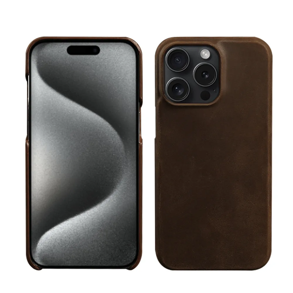 Genuine leather Crazy Horse pattern phone case for iPhone showing textured brown finish and precise camera cutout