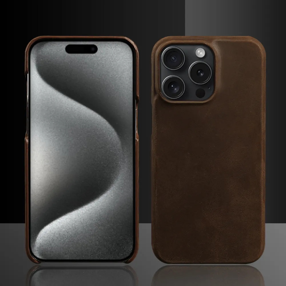 Genuine leather Crazy Horse pattern phone case for iPhone showing textured brown finish and precise camera cutout