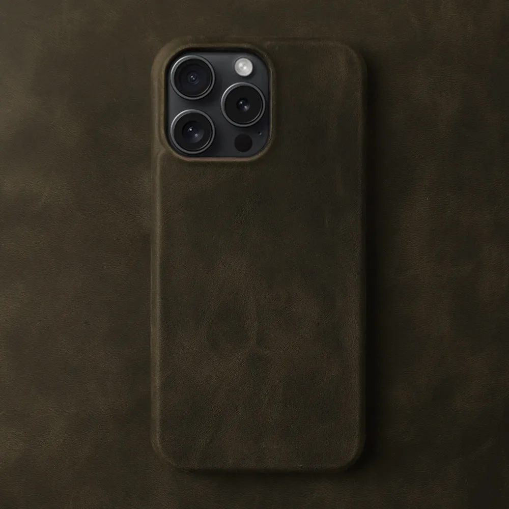 Genuine leather Crazy Horse pattern phone case for iPhone showing textured brown finish and precise camera cutout