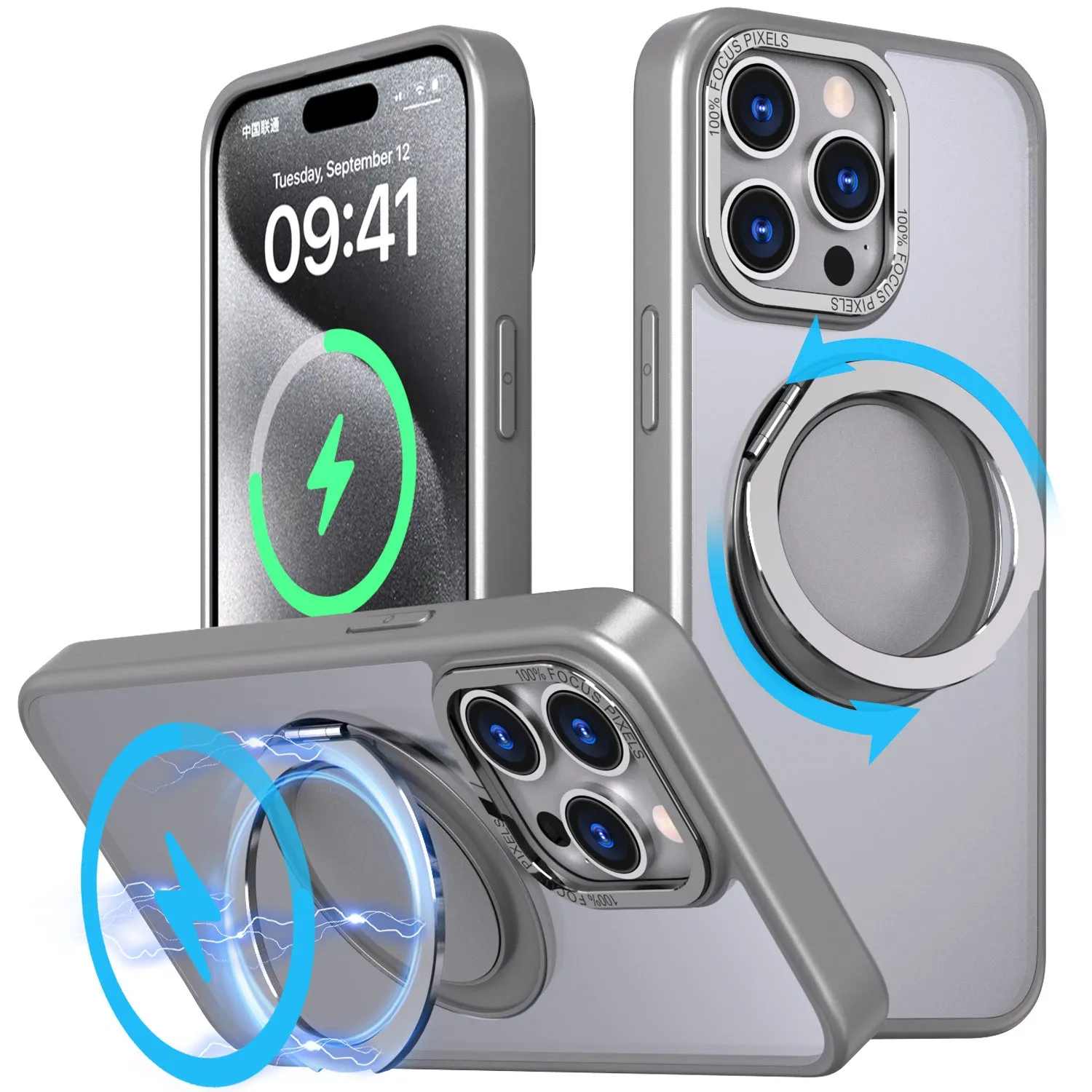 Gear 360 rotating bracket protective phone case in black for iPhone 14 showing bracket extended for hands-free viewing