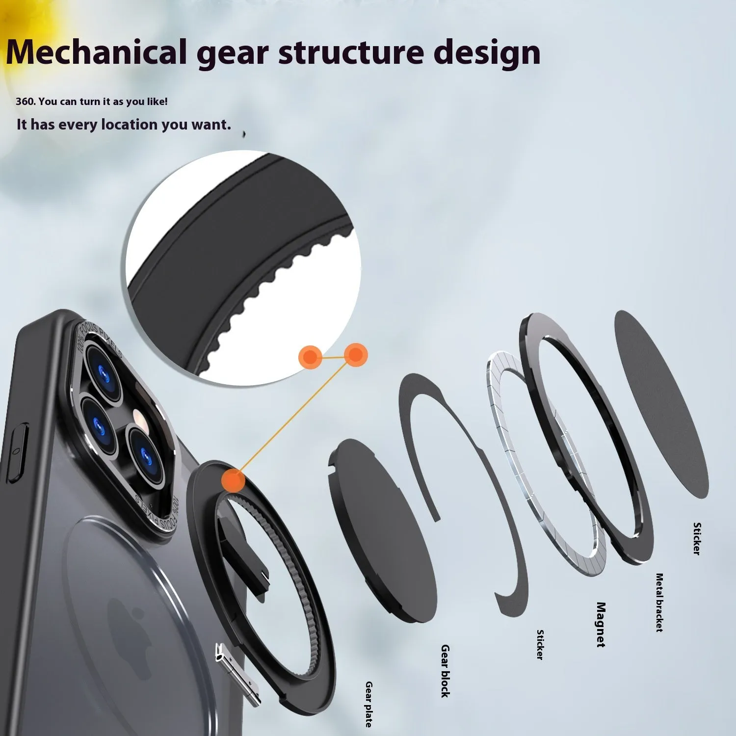 Gear 360 rotating bracket protective phone case in black for iPhone 14 showing bracket extended for hands-free viewing