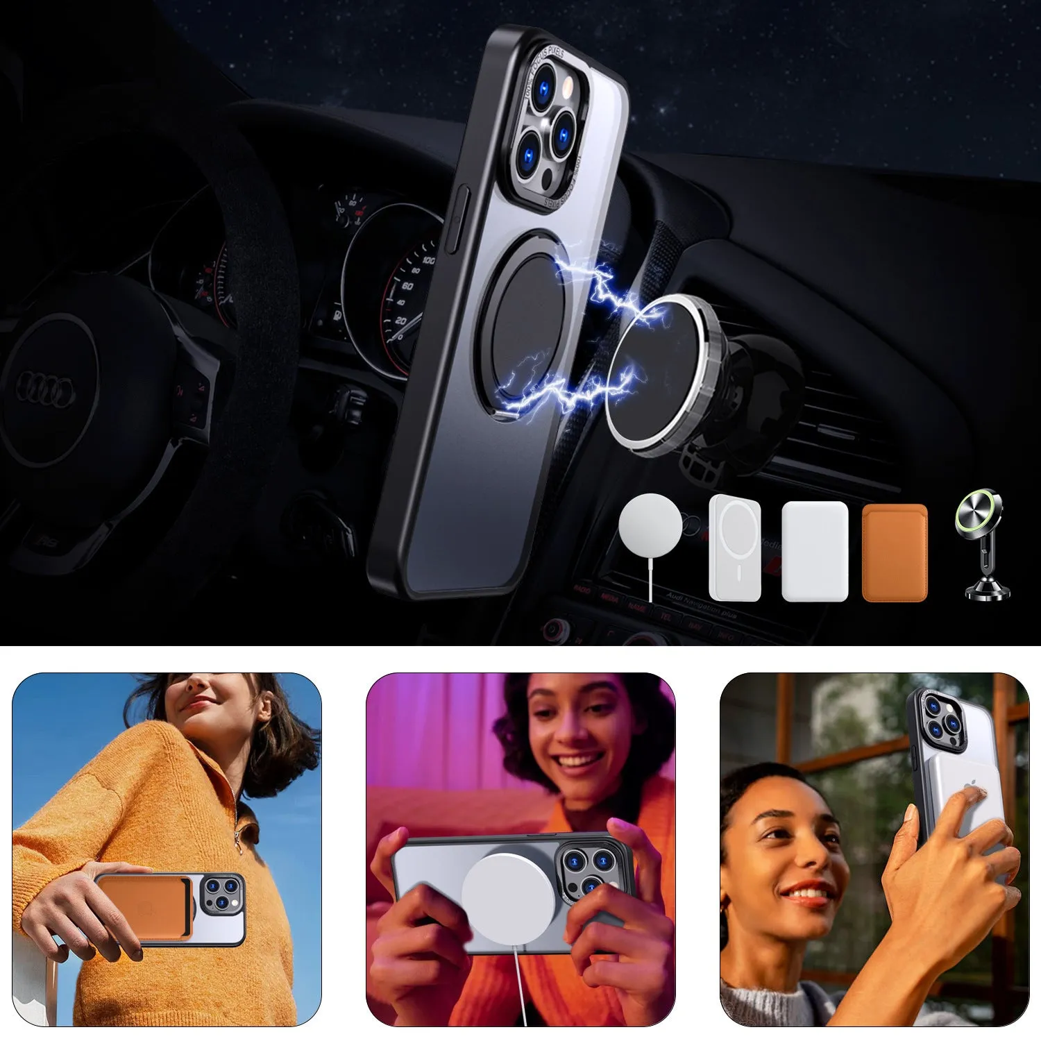 Gear 360 rotating bracket protective phone case in black for iPhone 14 showing bracket extended for hands-free viewing