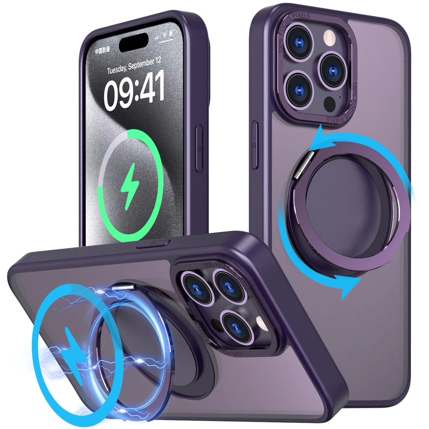 Gear 360 rotating bracket protective phone case in black for iPhone 14 showing bracket extended for hands-free viewing