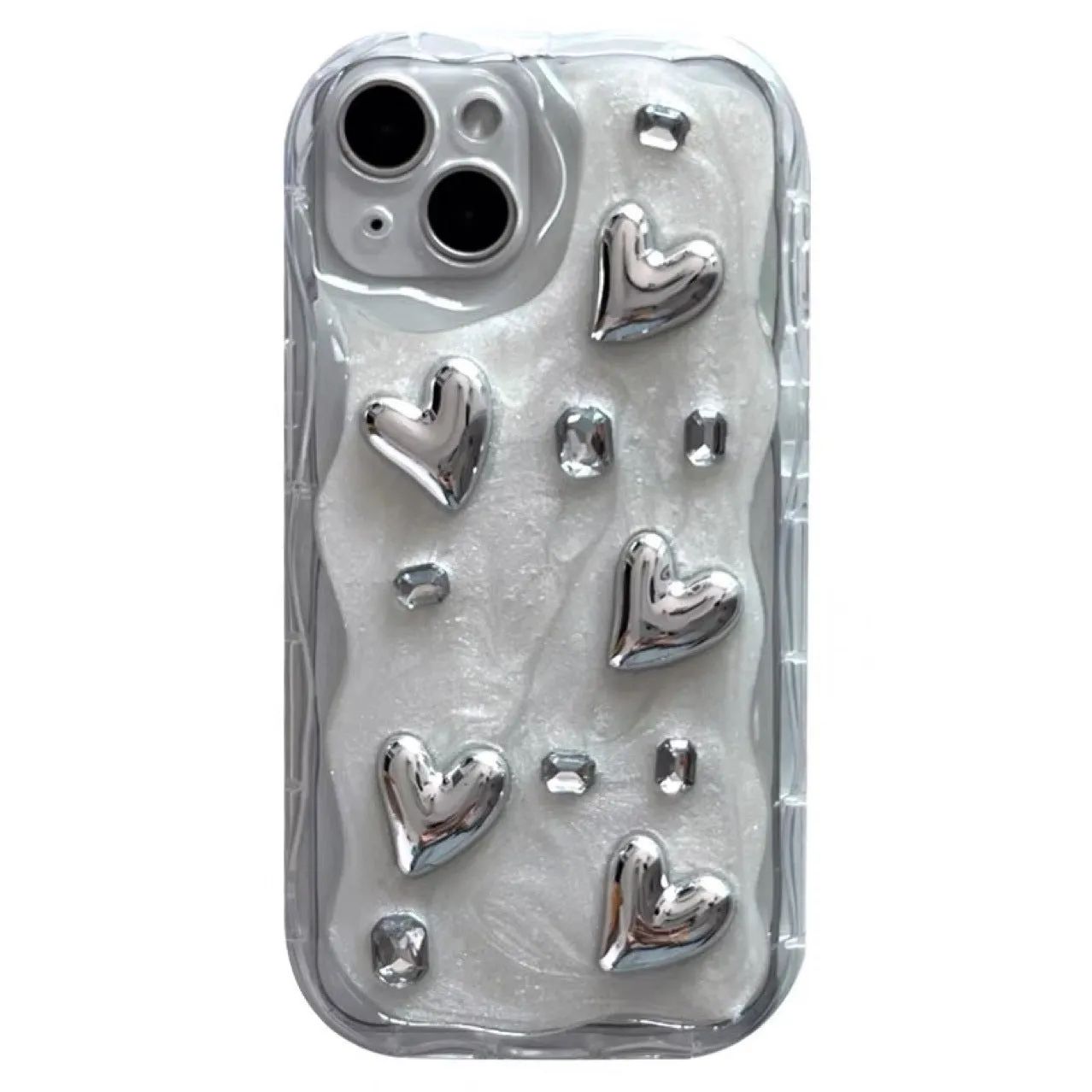 Transparent TPU phone case with three-dimensional silver love gem rhinestone heart design on white background