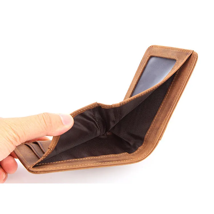 Brown men's compact leather RFID wallet showing card slots and slim 11cm profile.