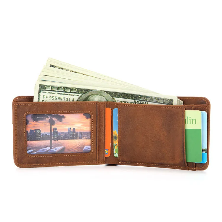 Brown men's compact leather RFID wallet showing card slots and slim 11cm profile.