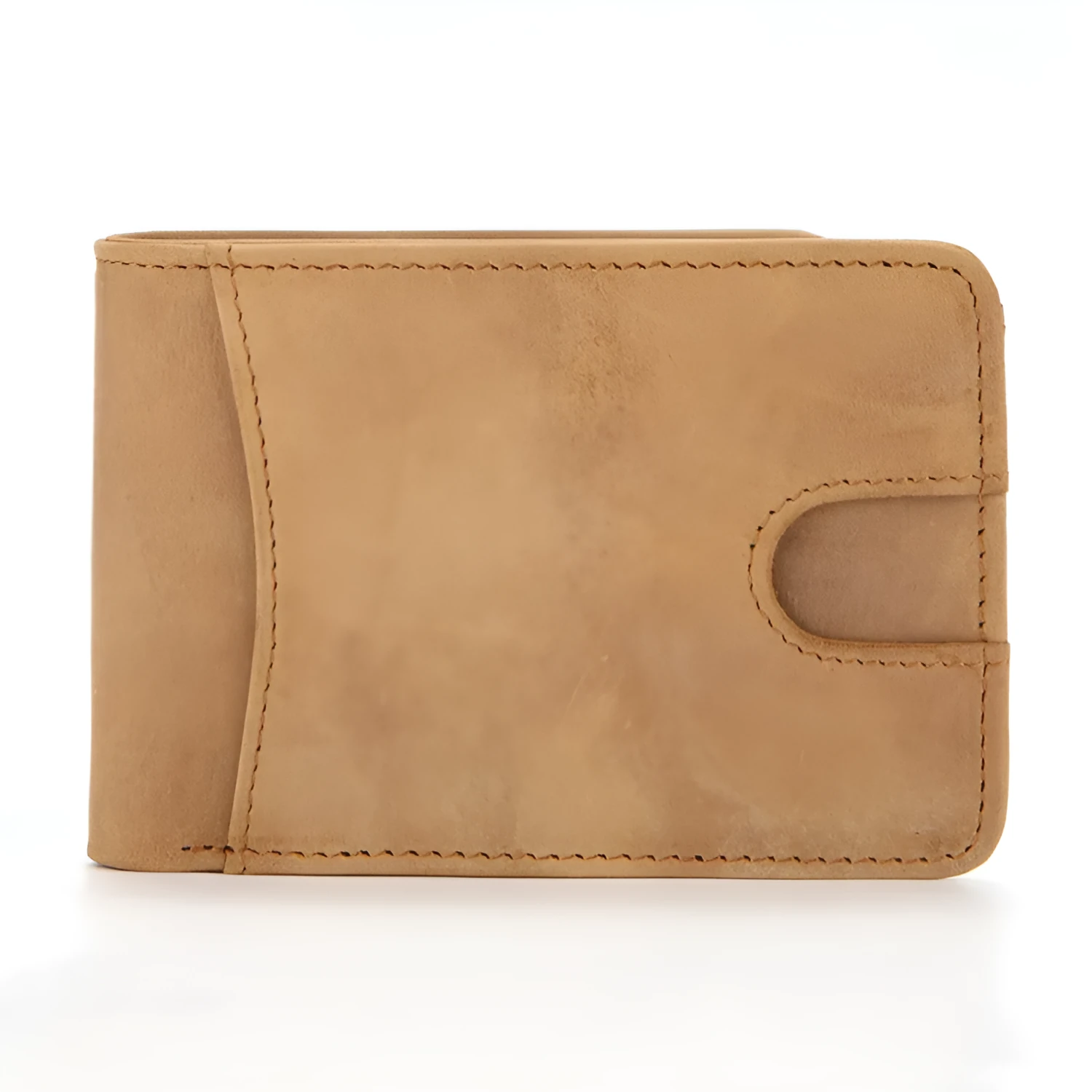Brown men's compact leather RFID wallet showing card slots and slim 11cm profile.