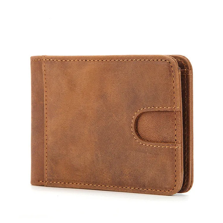 Brown men's compact leather RFID wallet showing card slots and slim 11cm profile.