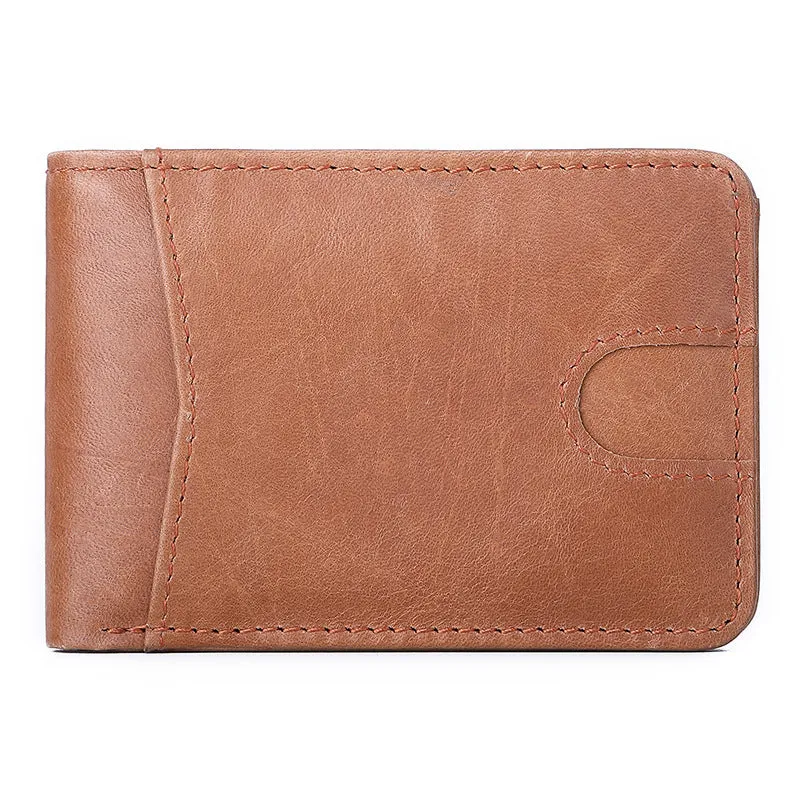 Brown men's compact leather RFID wallet showing card slots and slim 11cm profile.