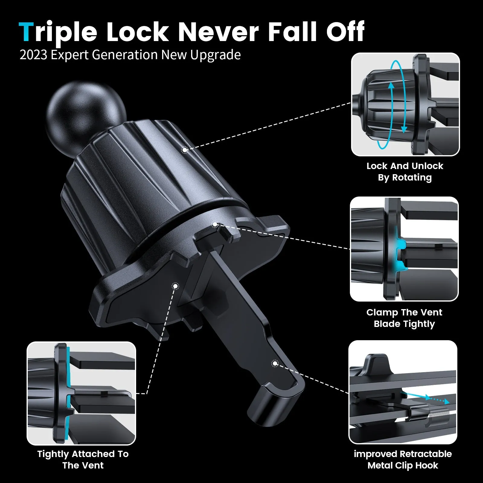 Universal rechargeable car phone holder clipped to air vent, M06-AV6S colour