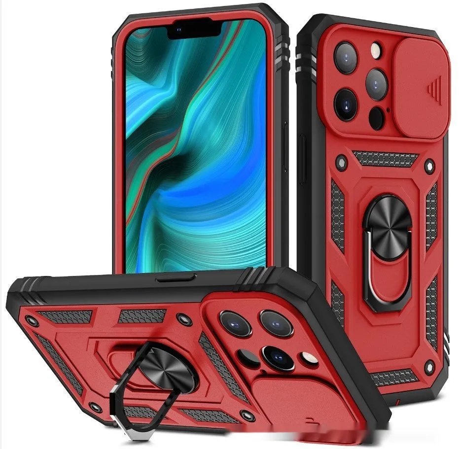 Sergeant sliding window magnetic ring drop-resistant phone case for Apple iPhone, black, rear view showing sliding window and alloy ring