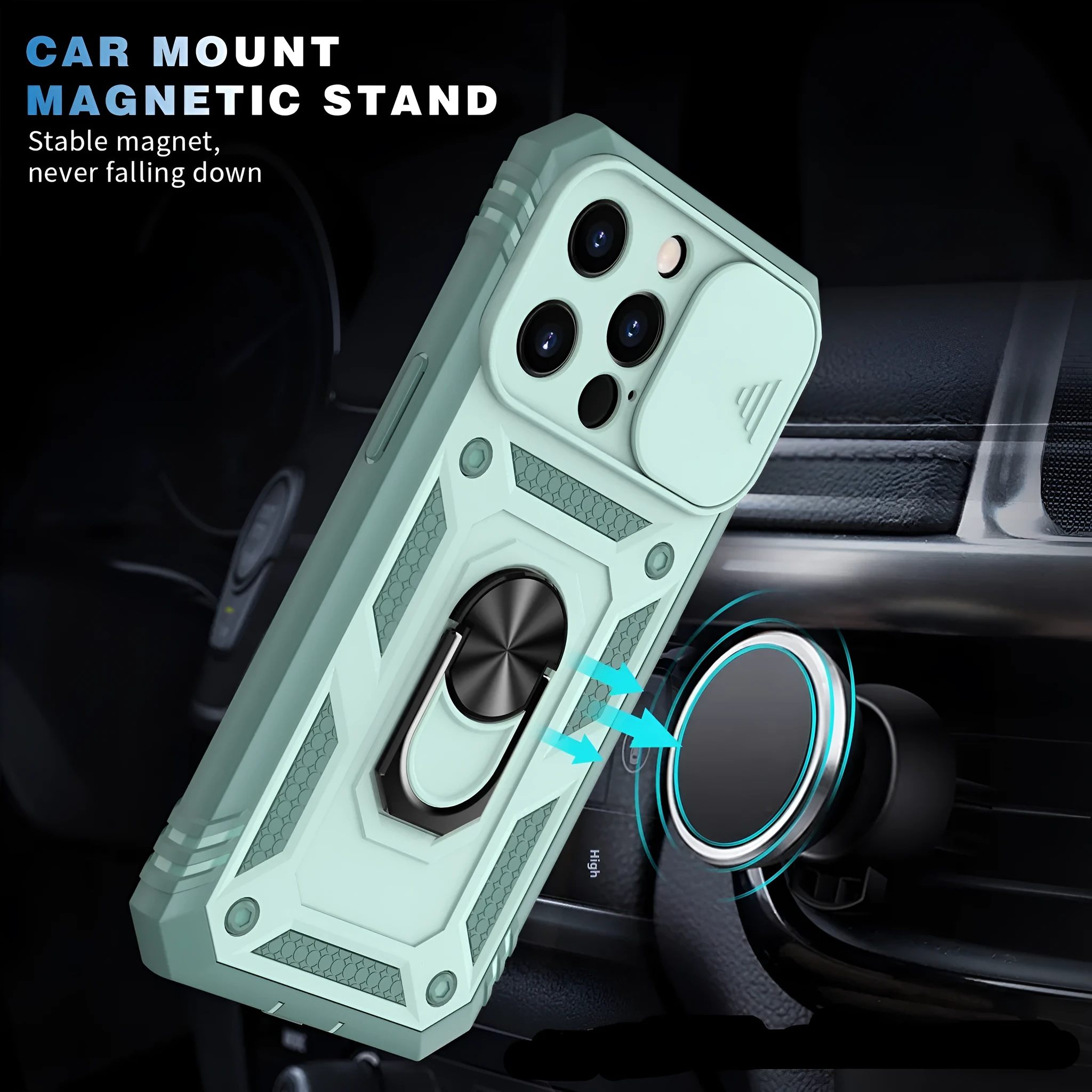 Sergeant sliding window magnetic ring drop-resistant phone case for Apple iPhone, black, rear view showing sliding window and alloy ring