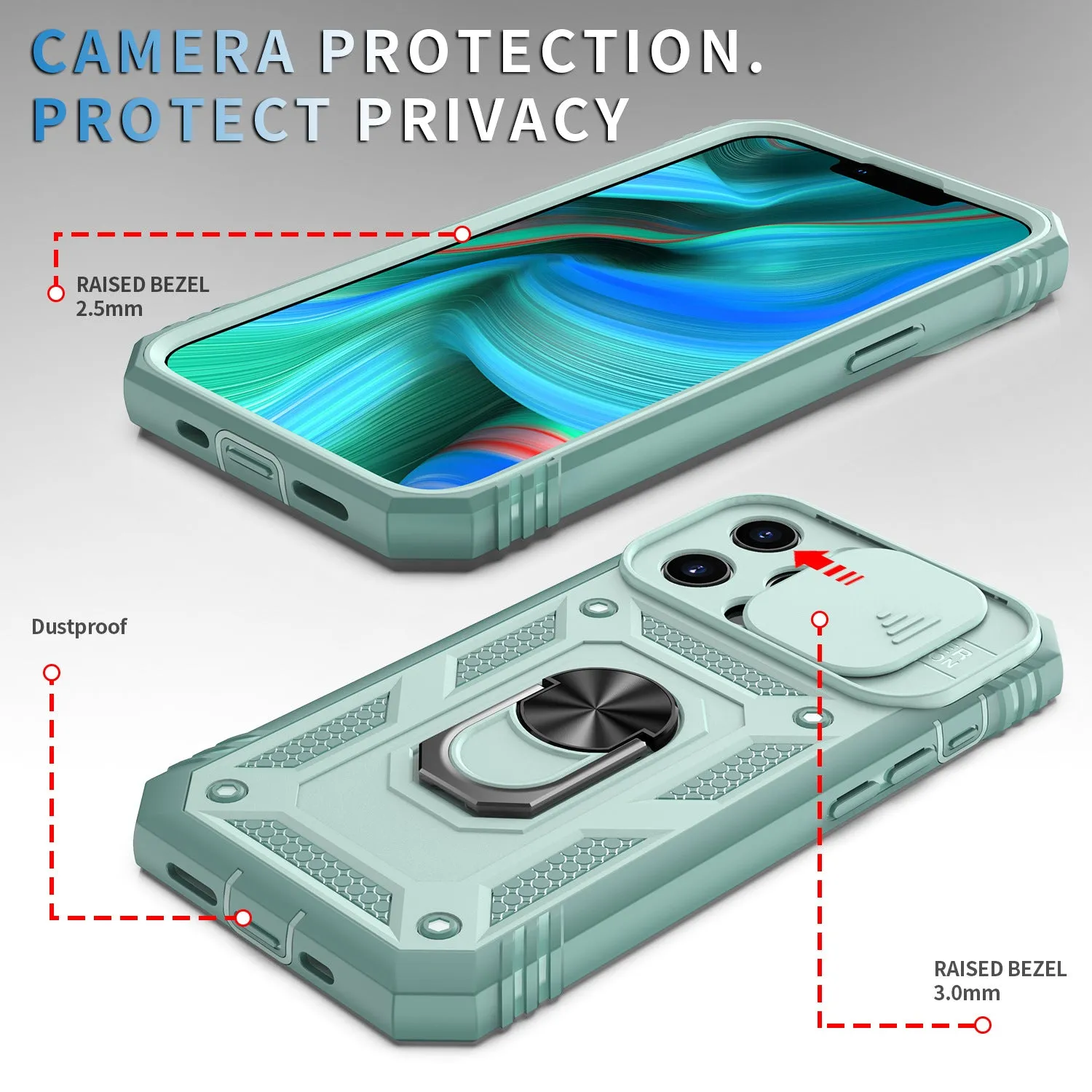 Sergeant sliding window magnetic ring drop-resistant phone case for Apple iPhone, black, rear view showing sliding window and alloy ring