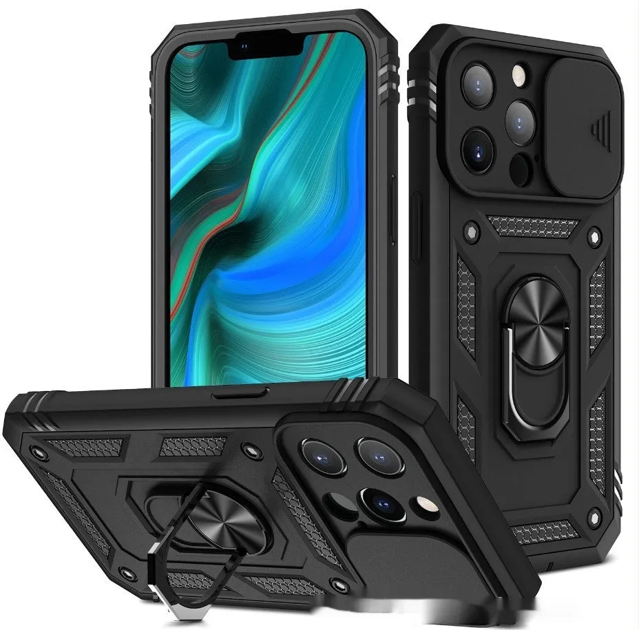 Sergeant sliding window magnetic ring drop-resistant phone case for Apple iPhone, black, rear view showing sliding window and alloy ring