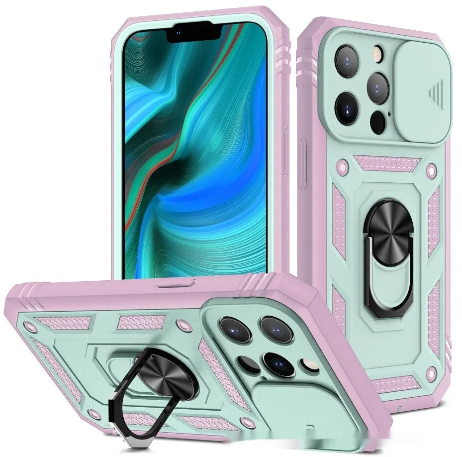 Sergeant sliding window magnetic ring drop-resistant phone case for Apple iPhone, black, rear view showing sliding window and alloy ring