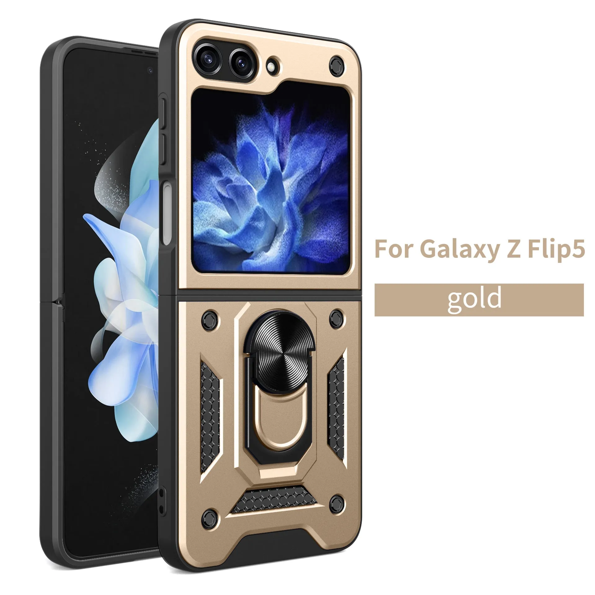 Shunjia sliding window mirror phone case for Samsung Z Flip and Z Fold, black colour, with bracket and mirror closed