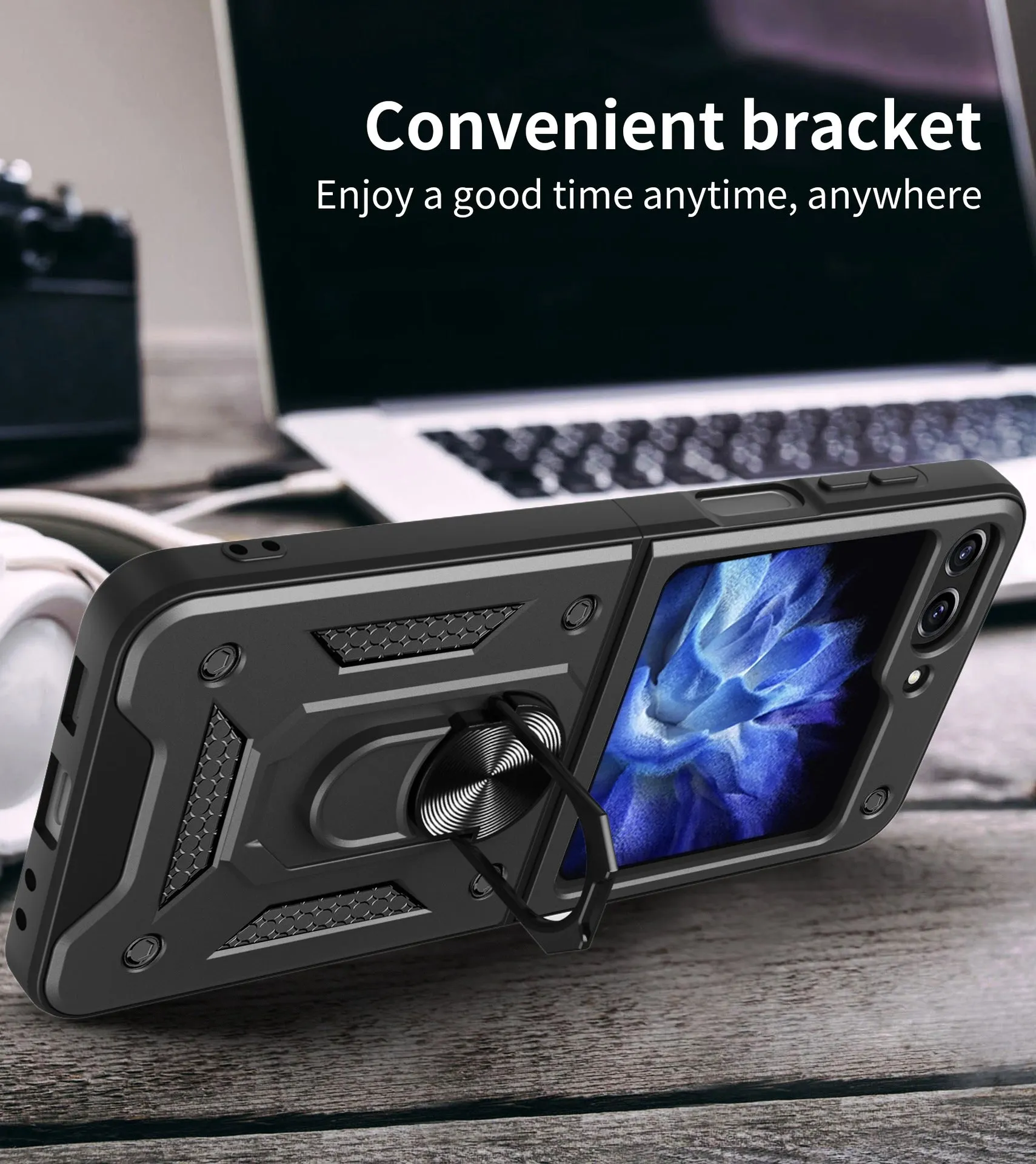 Shunjia sliding window mirror phone case for Samsung Z Flip and Z Fold, black colour, with bracket and mirror closed