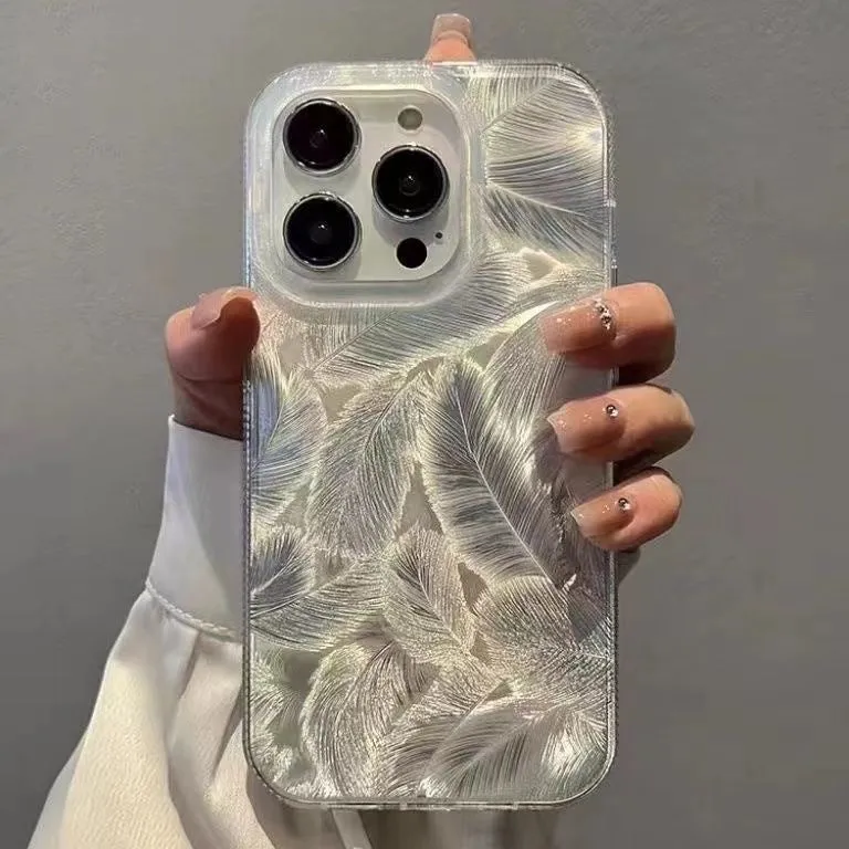 Silver gray gradient feather pattern TPU phone case with three-dimensional relief for iPhone 14 Pro Max half pack style