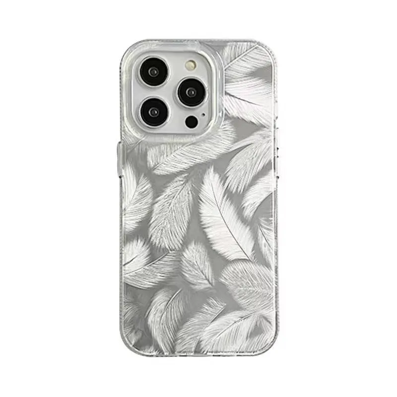 Silver gray gradient feather pattern TPU phone case with three-dimensional relief for iPhone 14 Pro Max half pack style