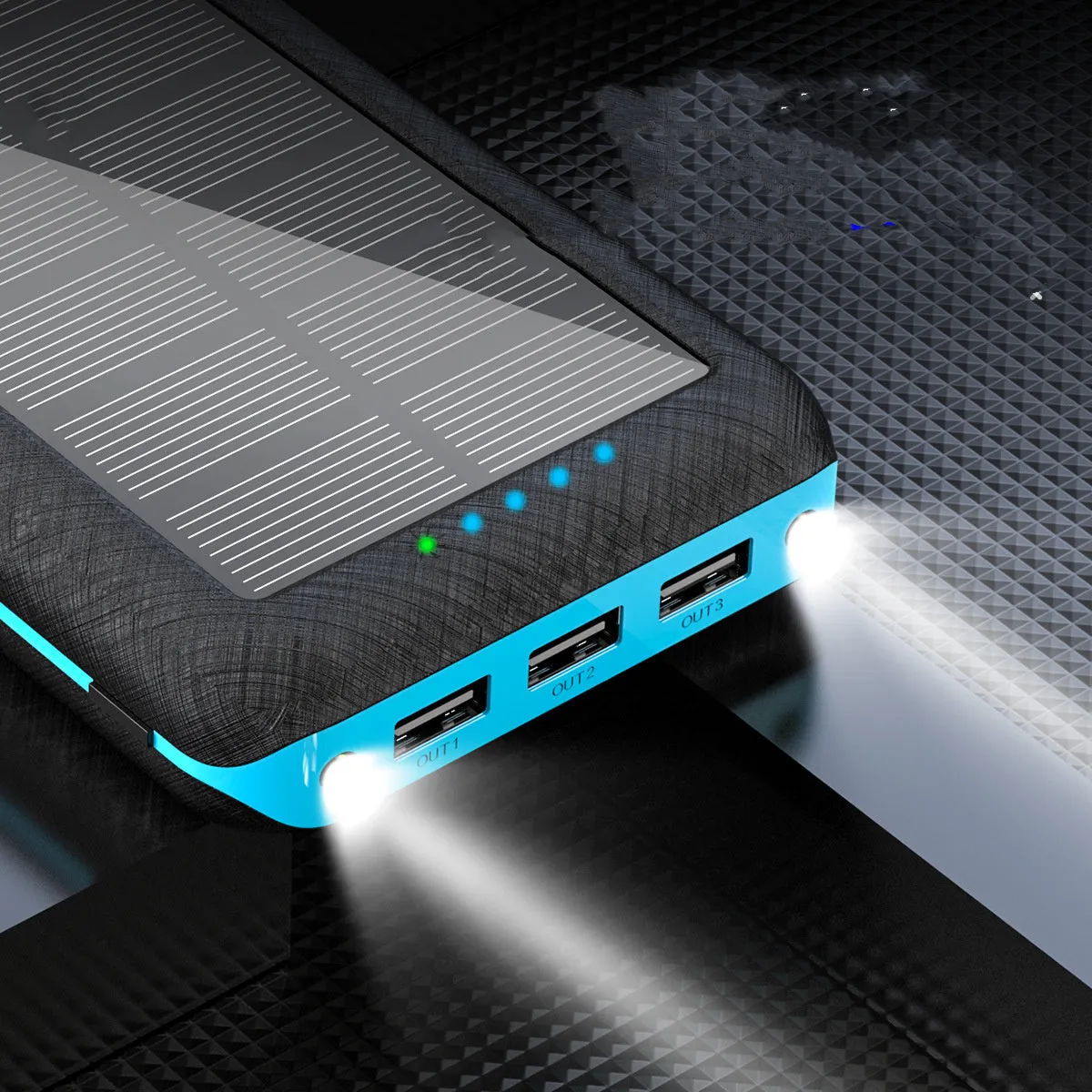 Black wireless charging power bank with three USB ports for iPhone Samsung and Xiaomi phones