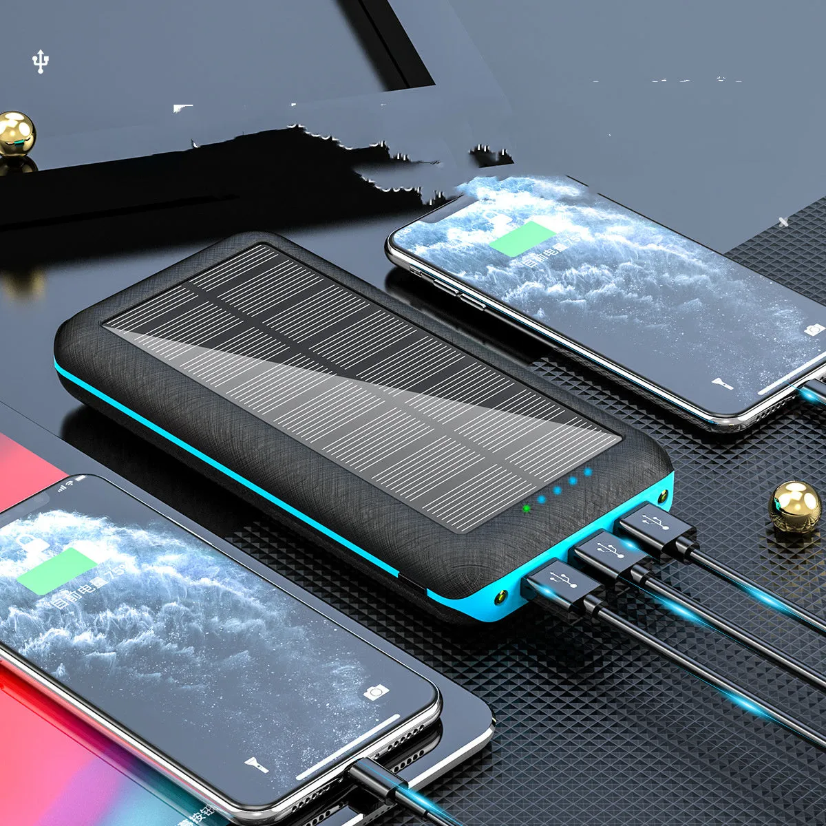 Black wireless charging power bank with three USB ports for iPhone Samsung and Xiaomi phones