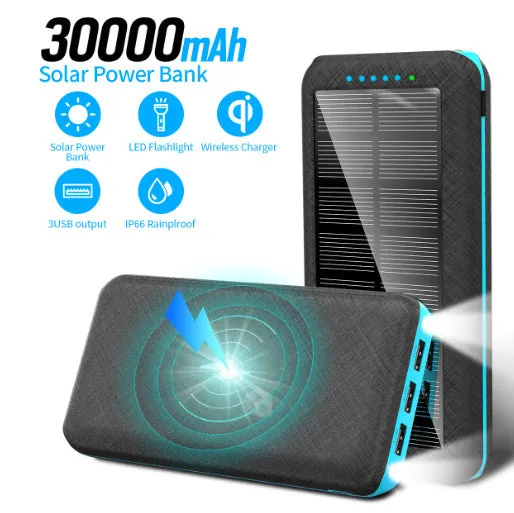 Black wireless charging power bank with three USB ports for iPhone Samsung and Xiaomi phones